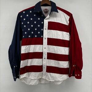 Larro Mens Red/White/Blue Flag‎ Long Sleeve Button Down Shirt Size LG